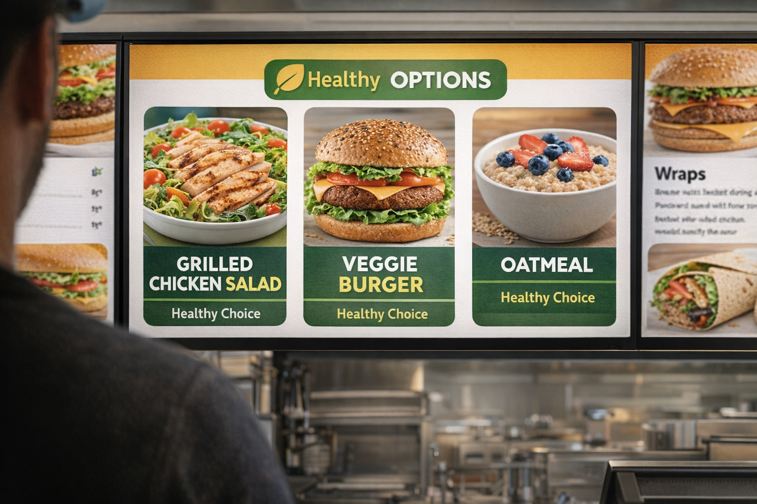 A brightly lit fast food menu board with healthy options highlighted, focus on grilled chicken salad, veggie burger, and oatmeal options, shot from customer's perspective